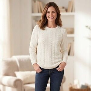 J. Jill Womens XL Ivory Cable Knit Chenille Fishermans Pullover Sweater Timeless